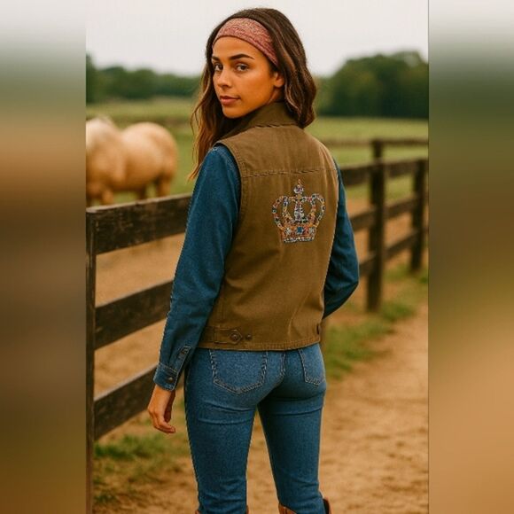 Wrangler Sherpa Line M Green Canvas Vest Corduroy Collar Crown Rhinestone Back - Picture 1 of 10